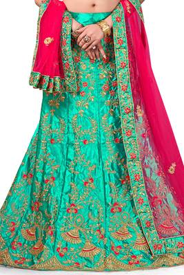 Green Embroidered Satin Semi Stitched Lehenga 4
