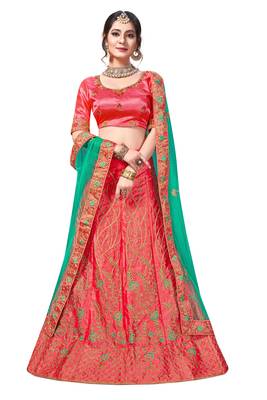 Pink Embroidered Satin Semi Stitched Lehenga 1