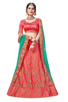 Pink Embroidered Satin Semi Stitched Lehenga