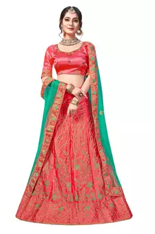 Pink Embroidered Satin Semi Stitched Lehenga