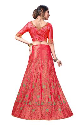 Pink Embroidered Satin Semi Stitched Lehenga 3