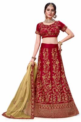 Maroon Embroidered Satin Semi Stitched Lehenga 1