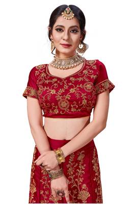 Maroon Embroidered Satin Semi Stitched Lehenga 2