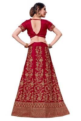 Maroon Embroidered Satin Semi Stitched Lehenga 3