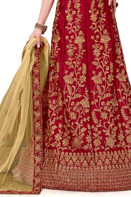 Maroon Embroidered Satin Semi Stitched Lehenga 4