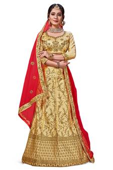 Beige Embroidered Satin Semi Stitched Lehenga