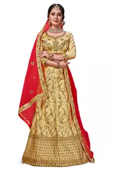 Beige Embroidered Satin Semi Stitched Lehenga