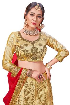 Beige Embroidered Satin Semi Stitched Lehenga 2