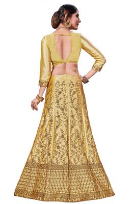 Beige Embroidered Satin Semi Stitched Lehenga 3