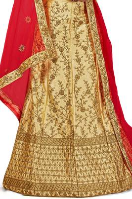 Beige Embroidered Satin Semi Stitched Lehenga 4