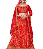Red Embroidered Satin Semi Stitched Lehenga