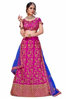 Pink Embroidered Satin Semi Stitched Lehenga