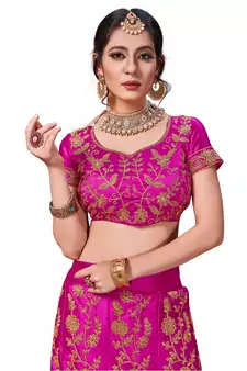 Pink Embroidered Satin Semi Stitched Lehenga