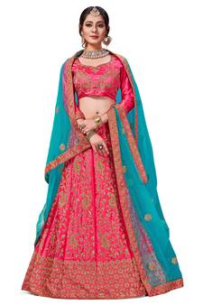 Pink Embroidered Satin Semi Stitched Lehenga