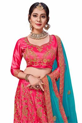 Pink Embroidered Satin Semi Stitched Lehenga 2