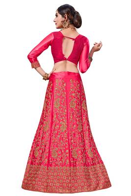 Pink Embroidered Satin Semi Stitched Lehenga 3