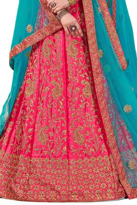 Pink Embroidered Satin Semi Stitched Lehenga 4