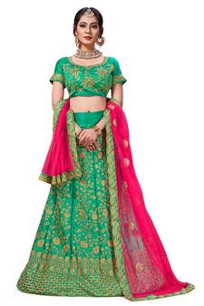 Green Embroidered Satin Semi Stitched Lehenga