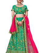 Green Embroidered Satin Semi Stitched Lehenga