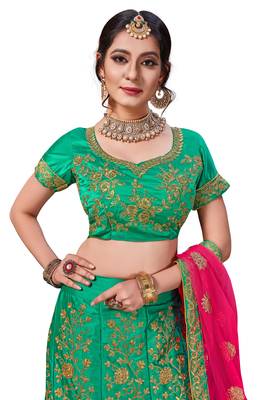 Green Embroidered Satin Semi Stitched Lehenga 2