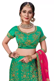 Green Embroidered Satin Semi Stitched Lehenga