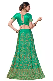 Green Embroidered Satin Semi Stitched Lehenga