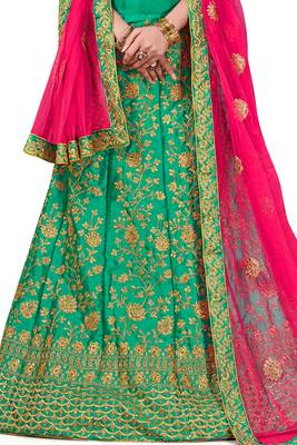 Green Embroidered Satin Semi Stitched Lehenga 4