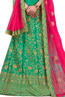 Green Embroidered Satin Semi Stitched Lehenga
