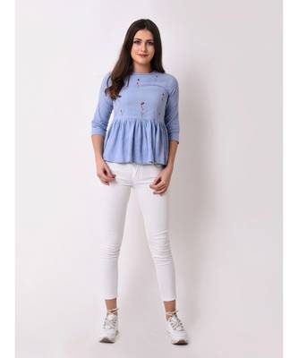 Women's Floral Embroidered Chambray Top 1