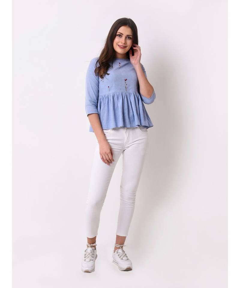 Women's Floral Embroidered Chambray Top