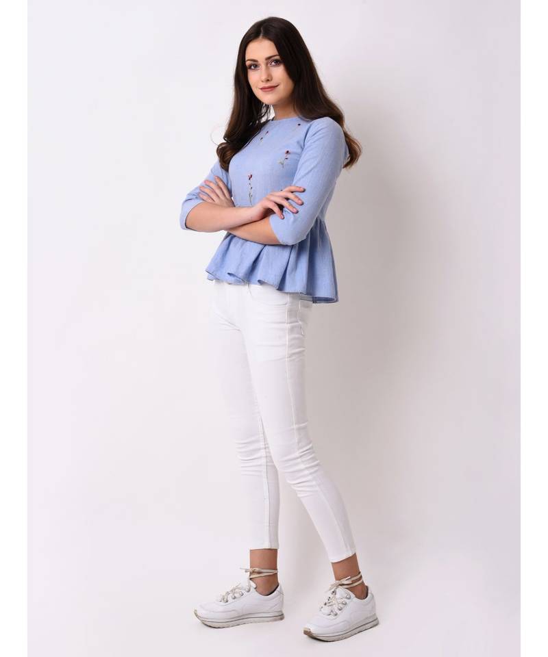 Women's Floral Embroidered Chambray Top
