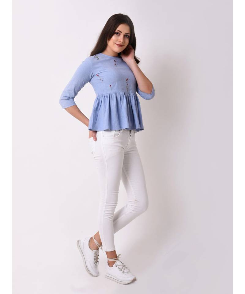 Women's Floral Embroidered Chambray Top