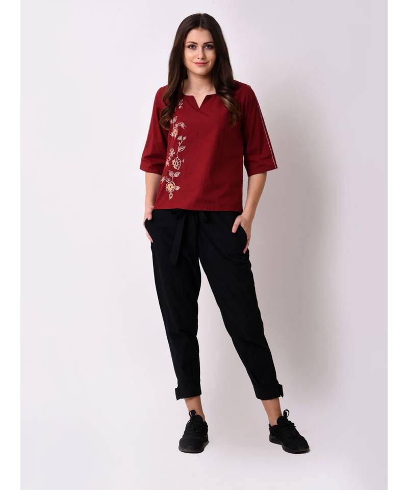 Women's Maroon Embroidered Top