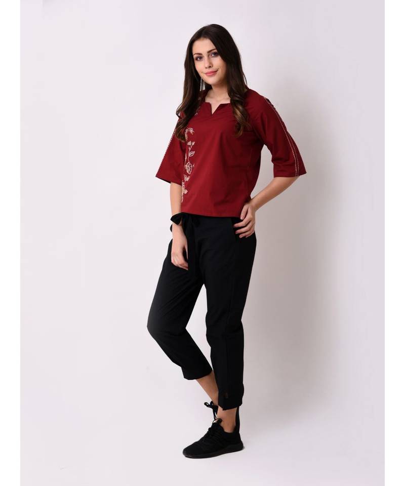 Women's Maroon Embroidered Top