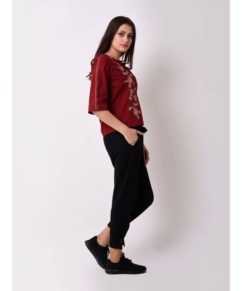 Women's Maroon Embroidered Top