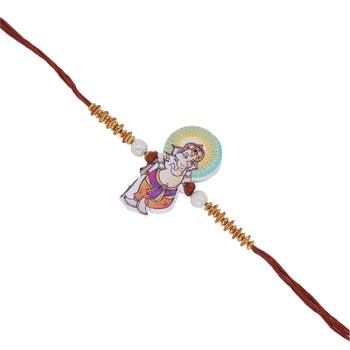 Gold Plated Designer Wooden Beads Pearl Lord Ganesha Rakhi For Boys/Kids 1