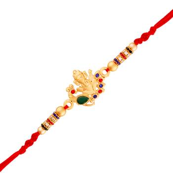 Gold Plated Peacock Ganesha Multi-Color Stone Studded Rakhi For Men/Boys 1