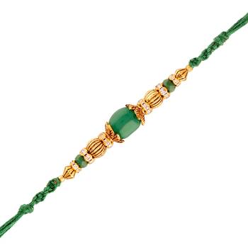Gold Plated Designer Cz Stone Studded Green Pearl Rakhi For Men/Boys 1
