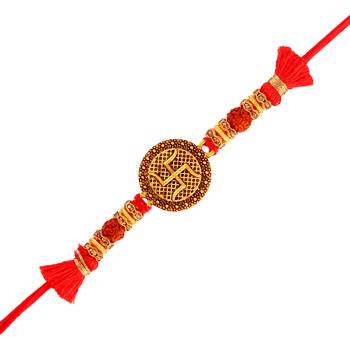 Gold Plated Designer Rudraksh Swastik Rakhi For Men/Boys 1