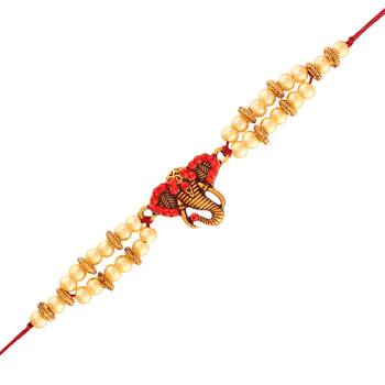 Gold Plated Designer Small Pearl Lord Ganesha Face Rakhi For Men/Boys 1