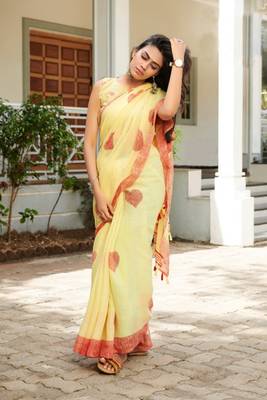Light yellow printed cotton saree with blouse 1