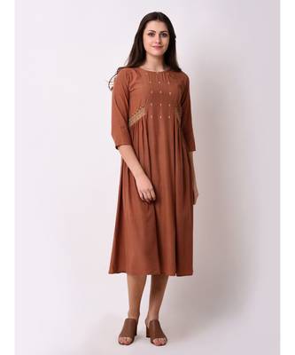Brown Women's A-line Embroidered Kurta Dress 1