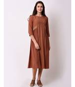 Brown Women's A-line Embroidered Kurta Dress