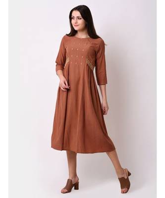 Brown Women's A-line Embroidered Kurta Dress 2