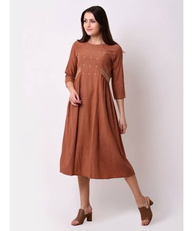 Brown Women's A-line Embroidered Kurta Dress
