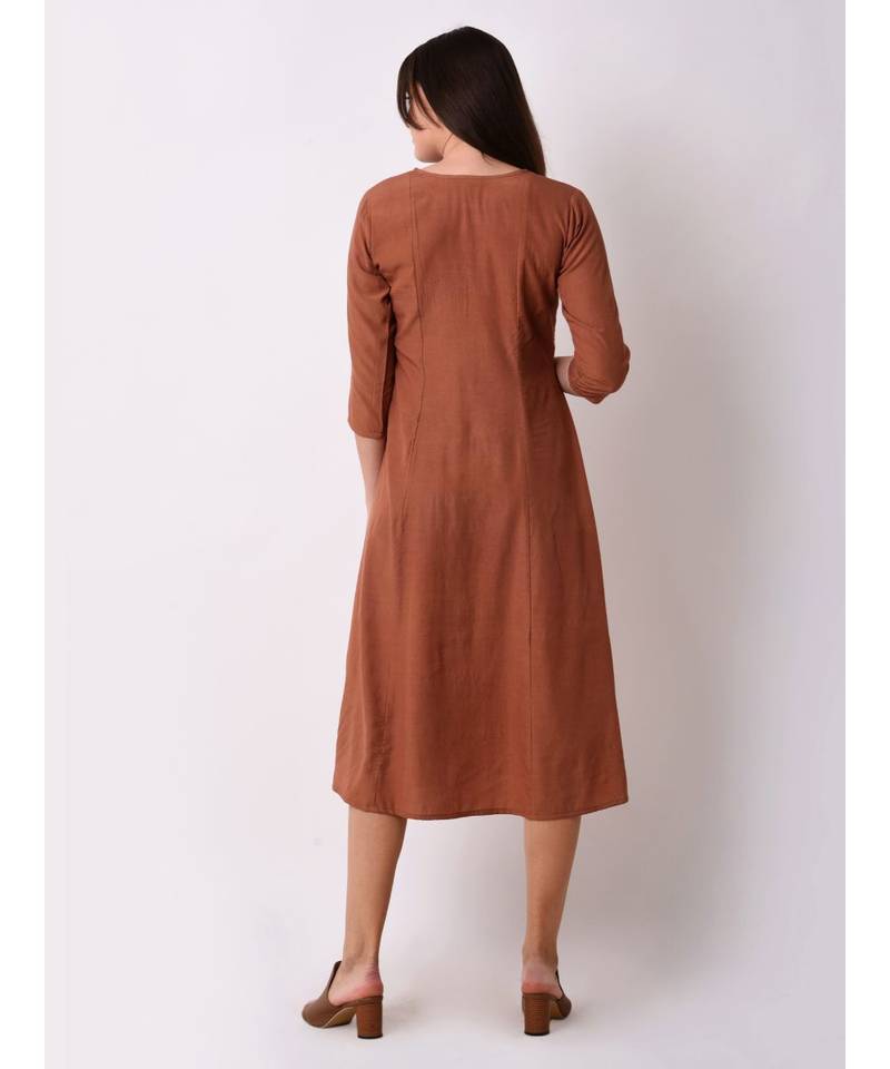 Brown Women's A-line Embroidered Kurta Dress