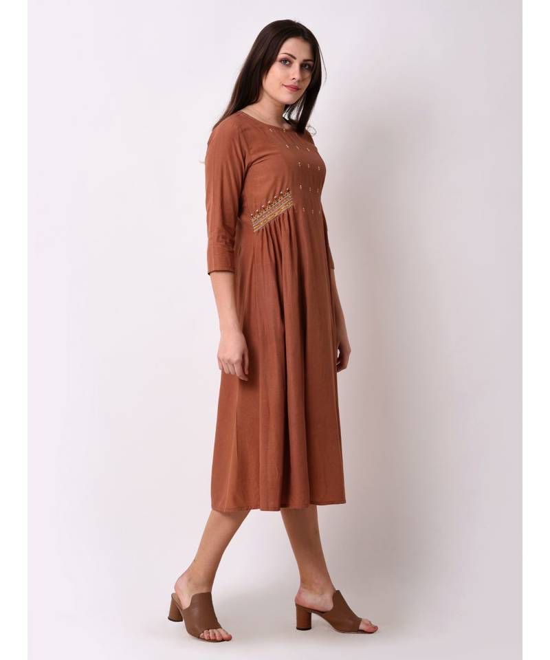 Brown Women's A-line Embroidered Kurta Dress
