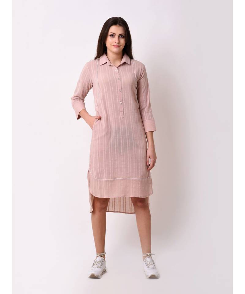 PEACH COLLARED BUTTON DOWN WOVEN DRESS W/ POCKETS main image 0