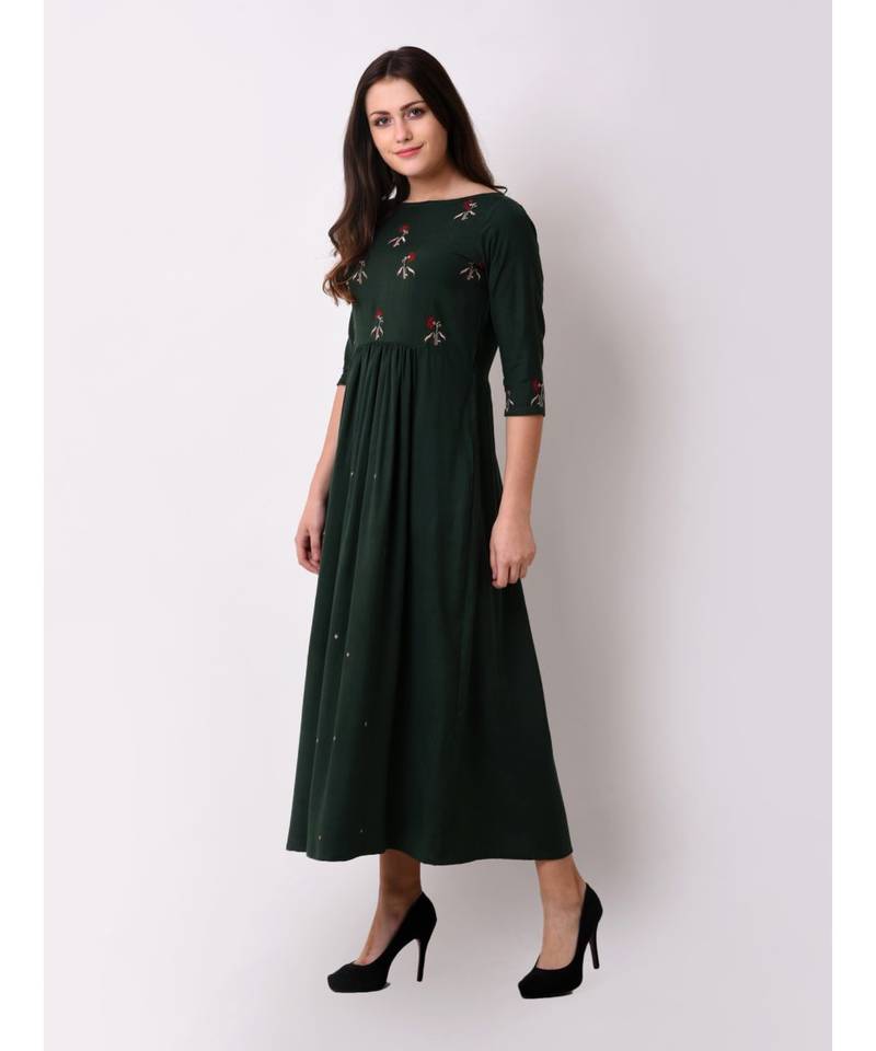 Green Women's Floral Gathered Maxi Dress