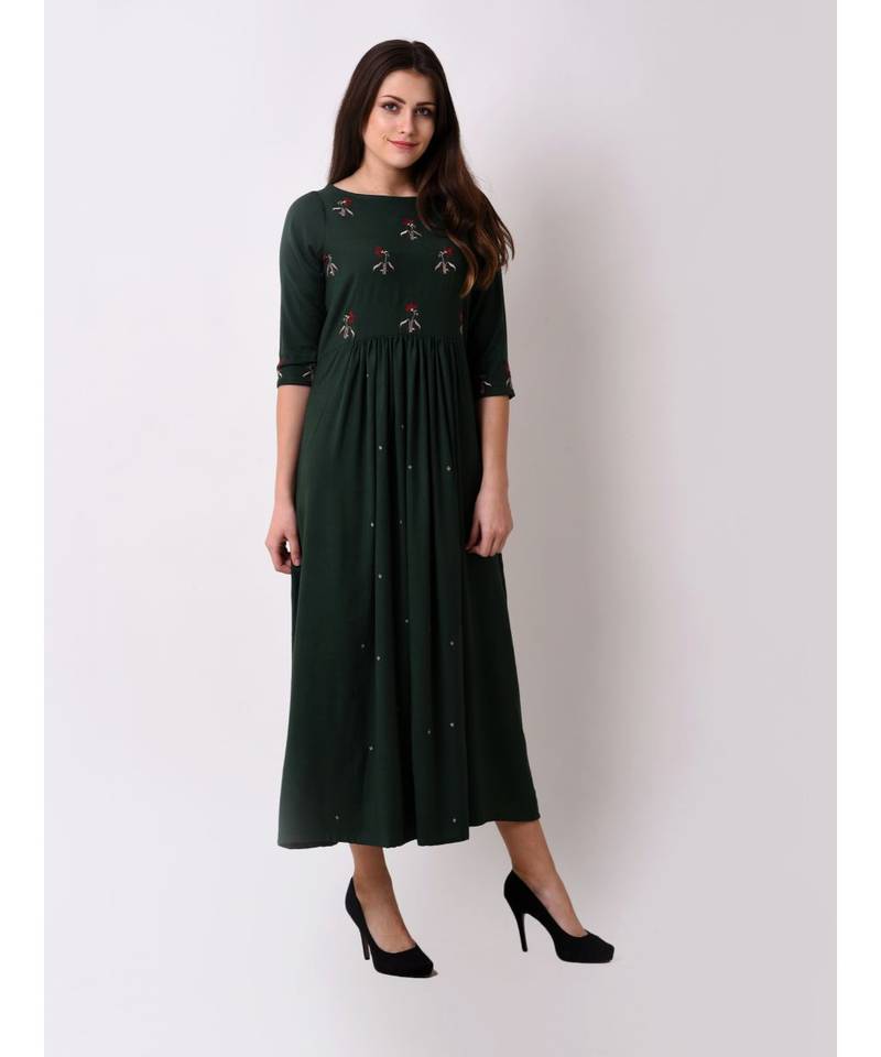 Green Women's Floral Gathered Maxi Dress